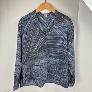 Notations Blouse Women L Blue Abstract Print Button Front Long‎ Sleeve Top Vtg